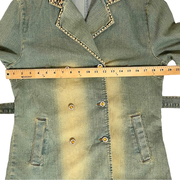 Vintage Kaity Jean Jacket Belted Button Front Bead Lace Sleeve Size Medium - Picture 9 of 16